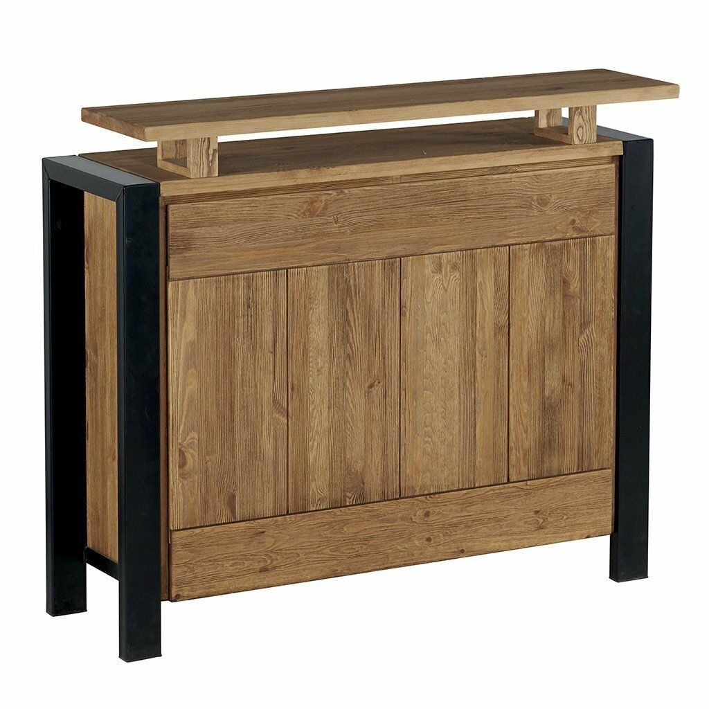 Meuble bar en bois avec structure et étagère en métal noir.