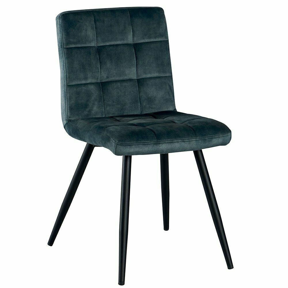 Chaise de salle à manger en velours bleu sarcelle avec pieds en métal noir.