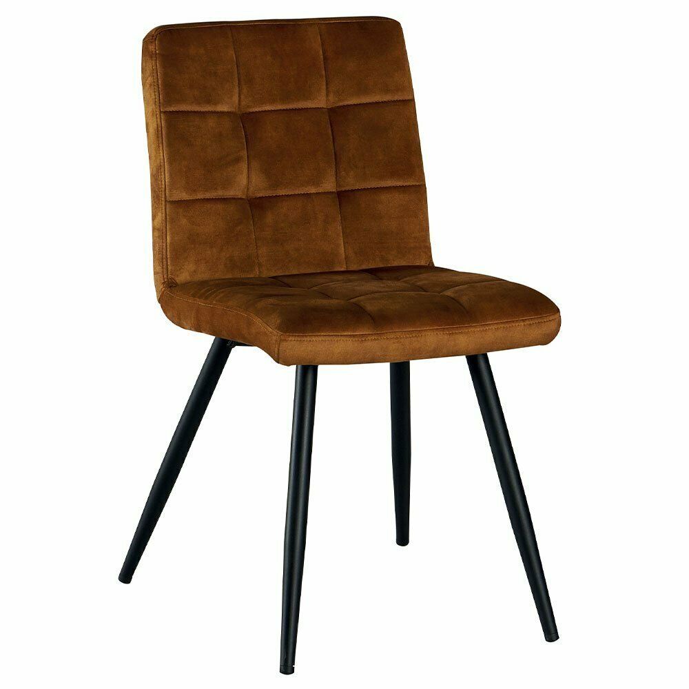Fauteuil rembourré marron avec pieds en métal noir.