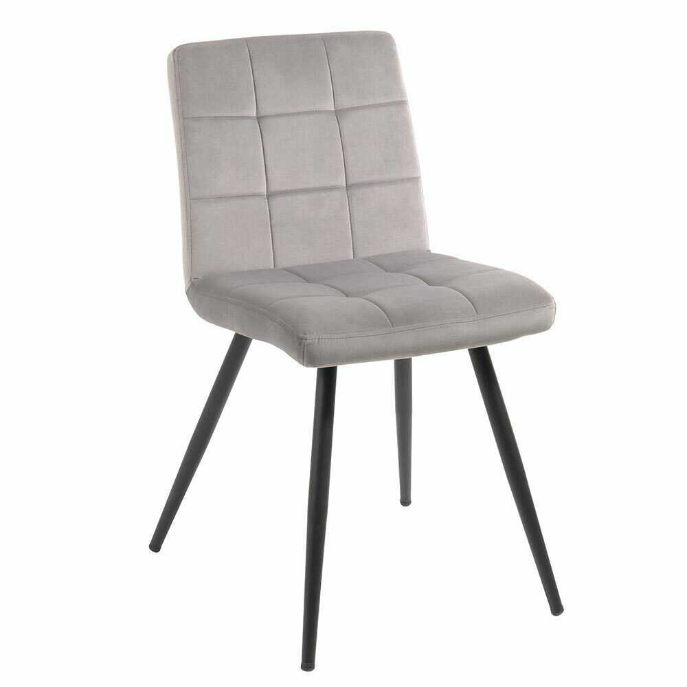Fauteuil gris rembourré avec pieds en métal noir.