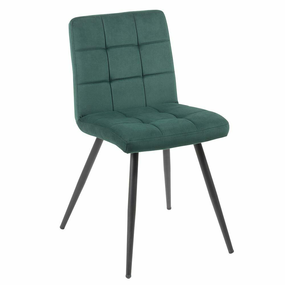 Chaise verte rembourrée avec assise et dossier à coutures carrées, pieds en métal noir.