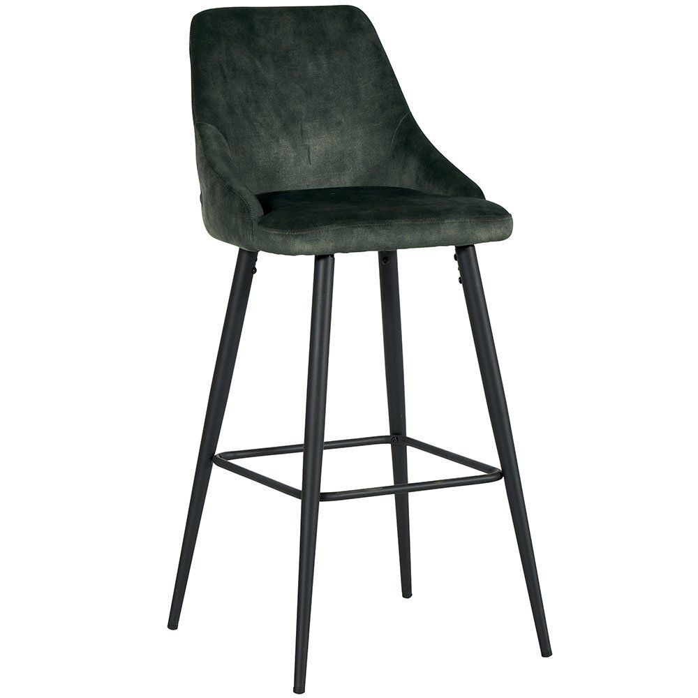 Tabouret de bar en velours vert avec pieds en métal noir.