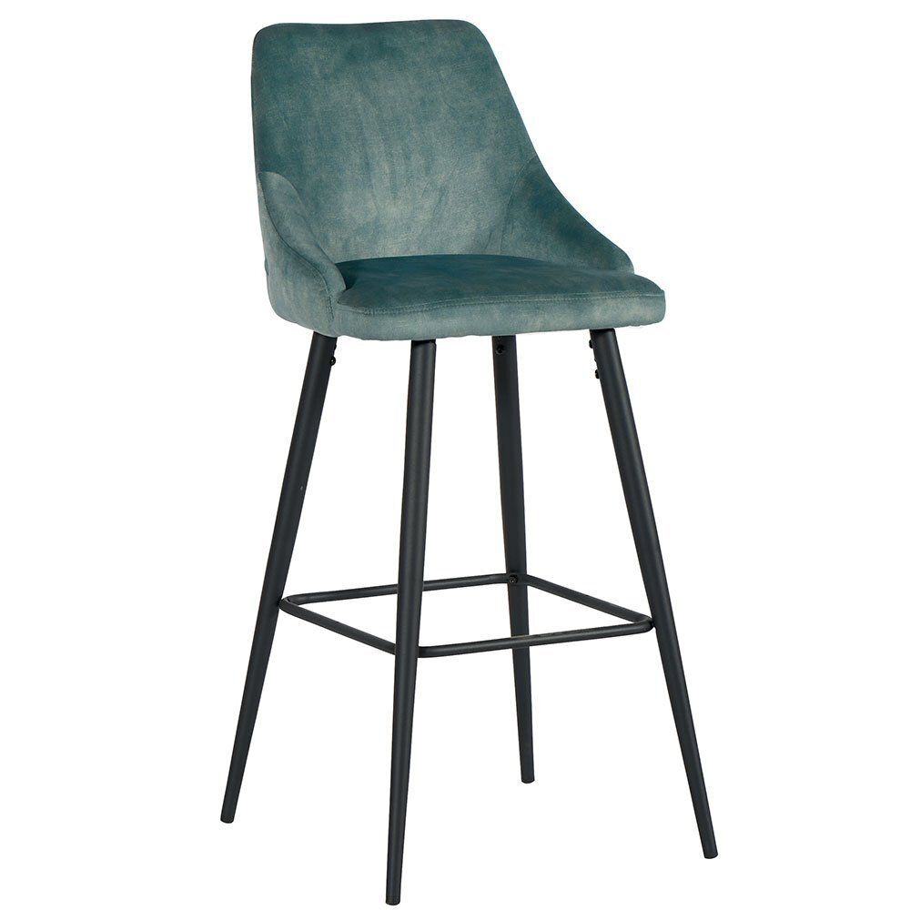 Tabouret de bar en velours turquoise avec pieds en métal noir.