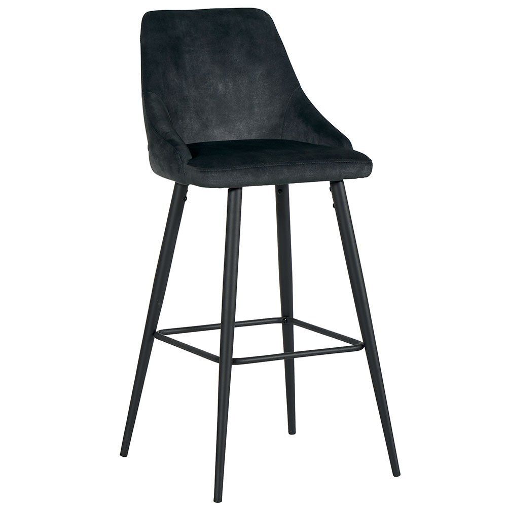 Tabouret de bar noir rembourré avec une structure en métal.