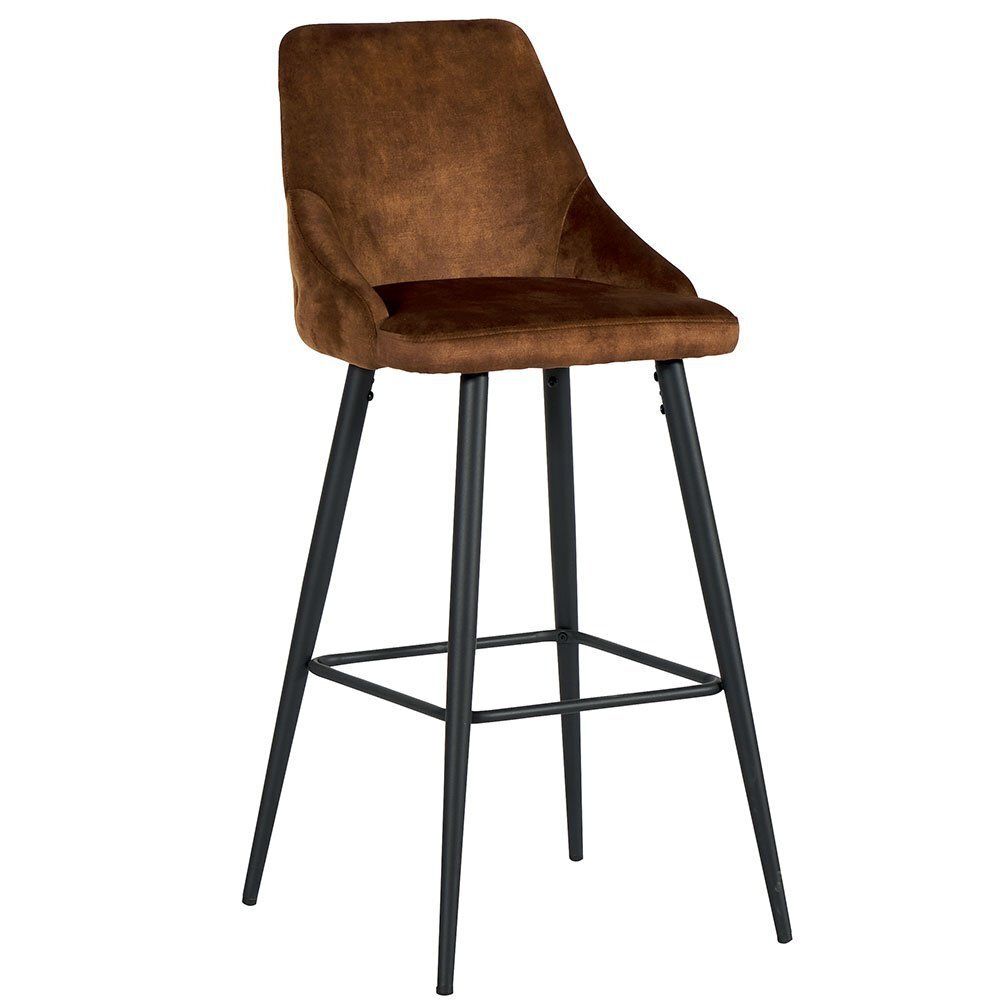 Tabouret de bar en velours marron avec pieds en métal noir.