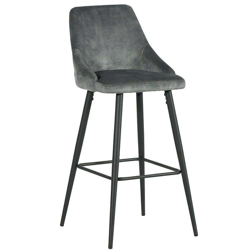 Tabouret de bar en velours gris avec pieds noirs.
