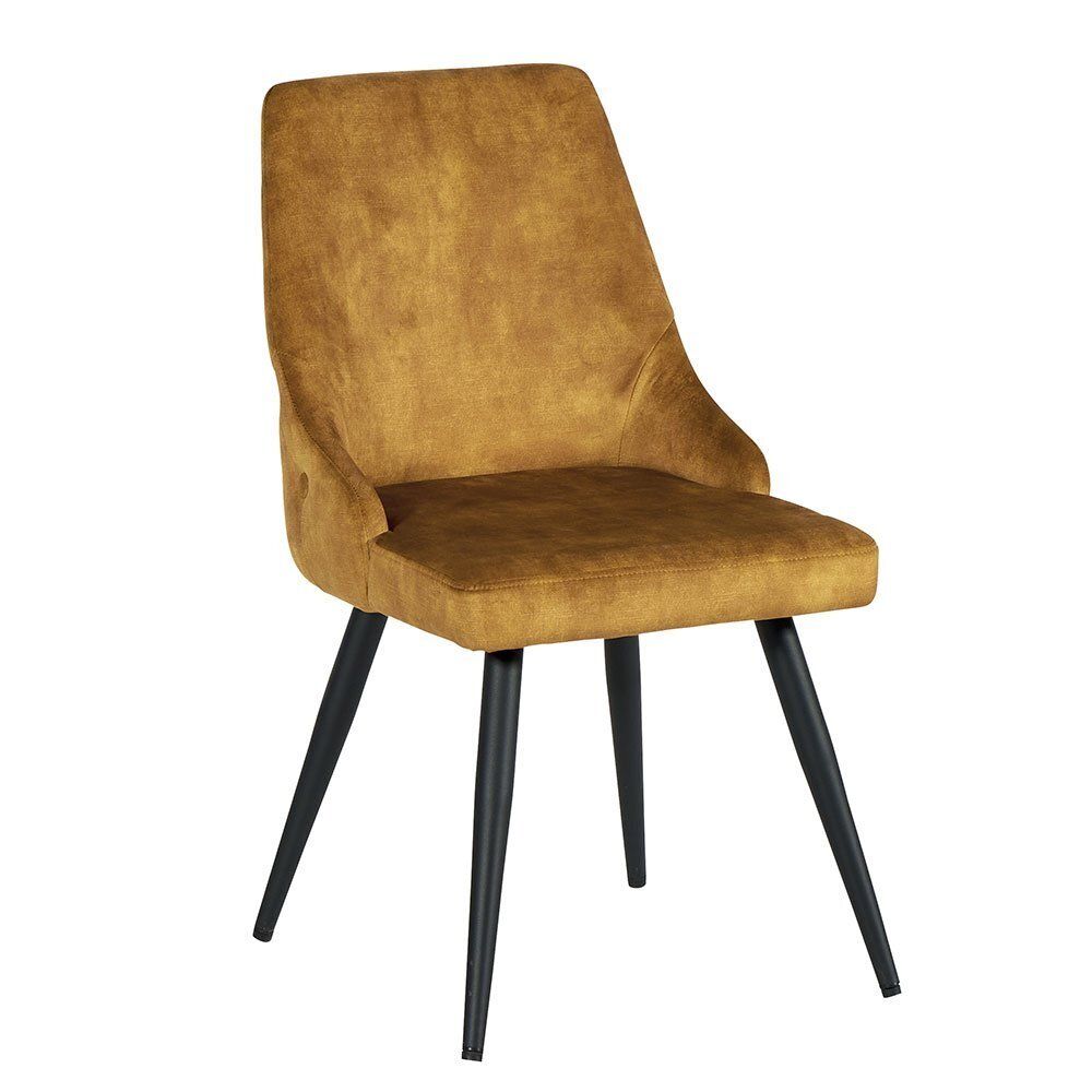 Chaise de salle à manger rembourrée jaune moutarde avec pieds en métal noir.