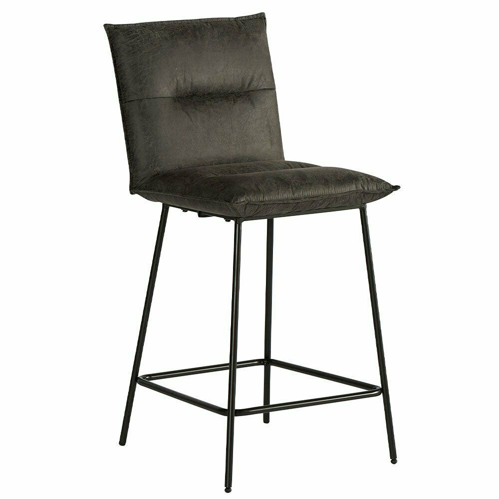 Tabouret de bar gris rembourré avec une structure en métal noir.