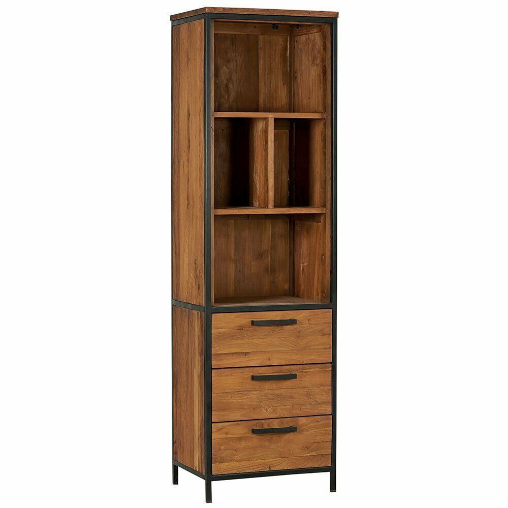 Armoire de rangement haute en bois avec tiroirs et étagères, structure en métal foncé.