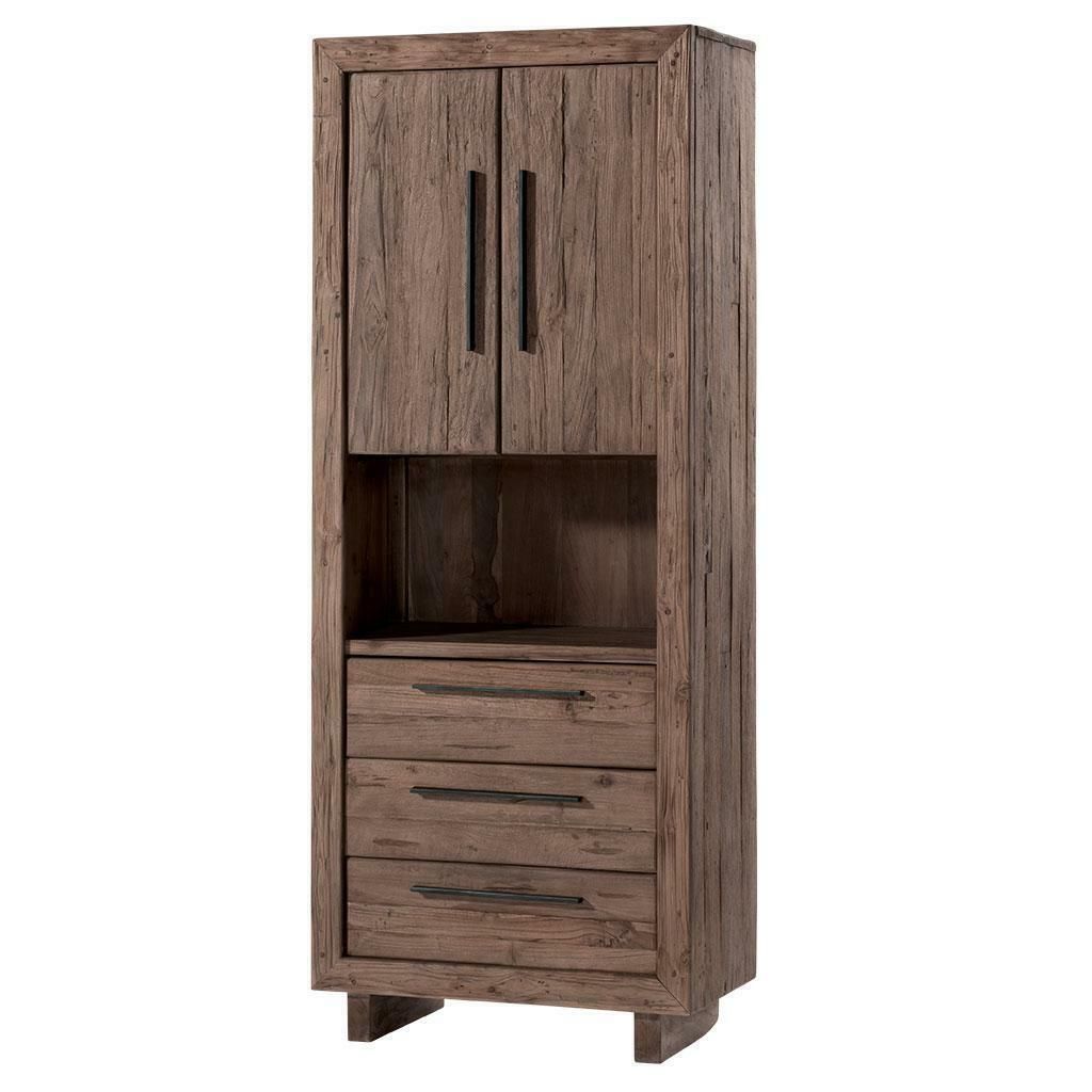 Armoire de rangement haute en bois avec portes, étagère ouverte et tiroirs ; marron.