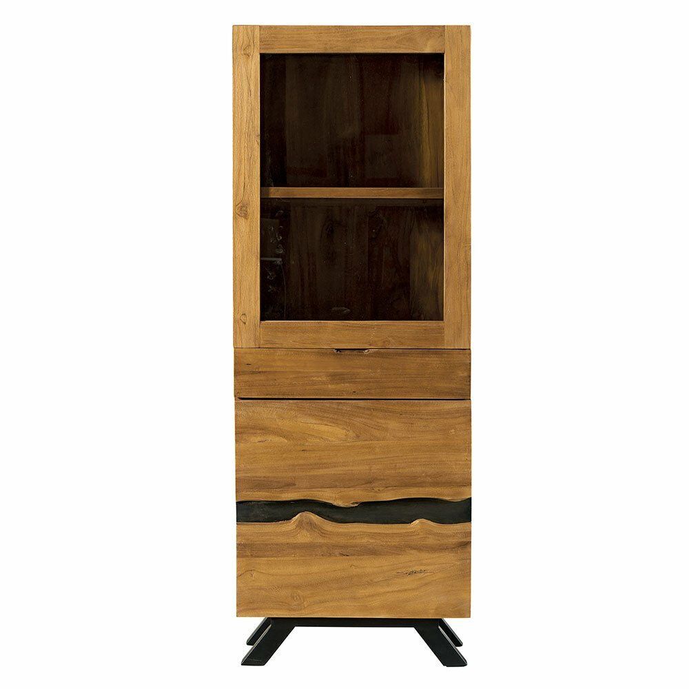 Armoire haute en bois avec partie supérieure en verre, tiroir et base noire.