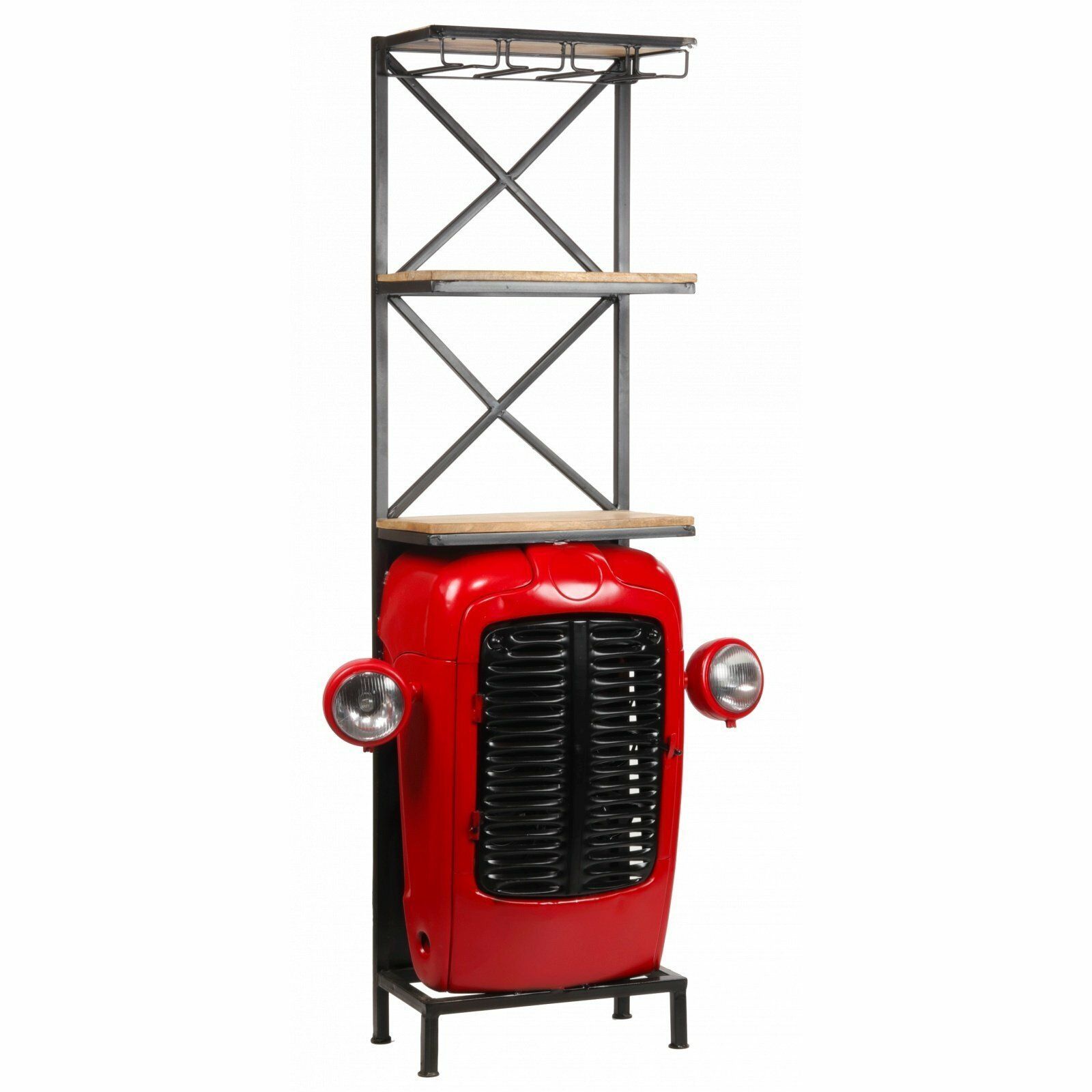 Meuble bar en forme de capot de tracteur rouge avec étagères, porte-verres et phares.