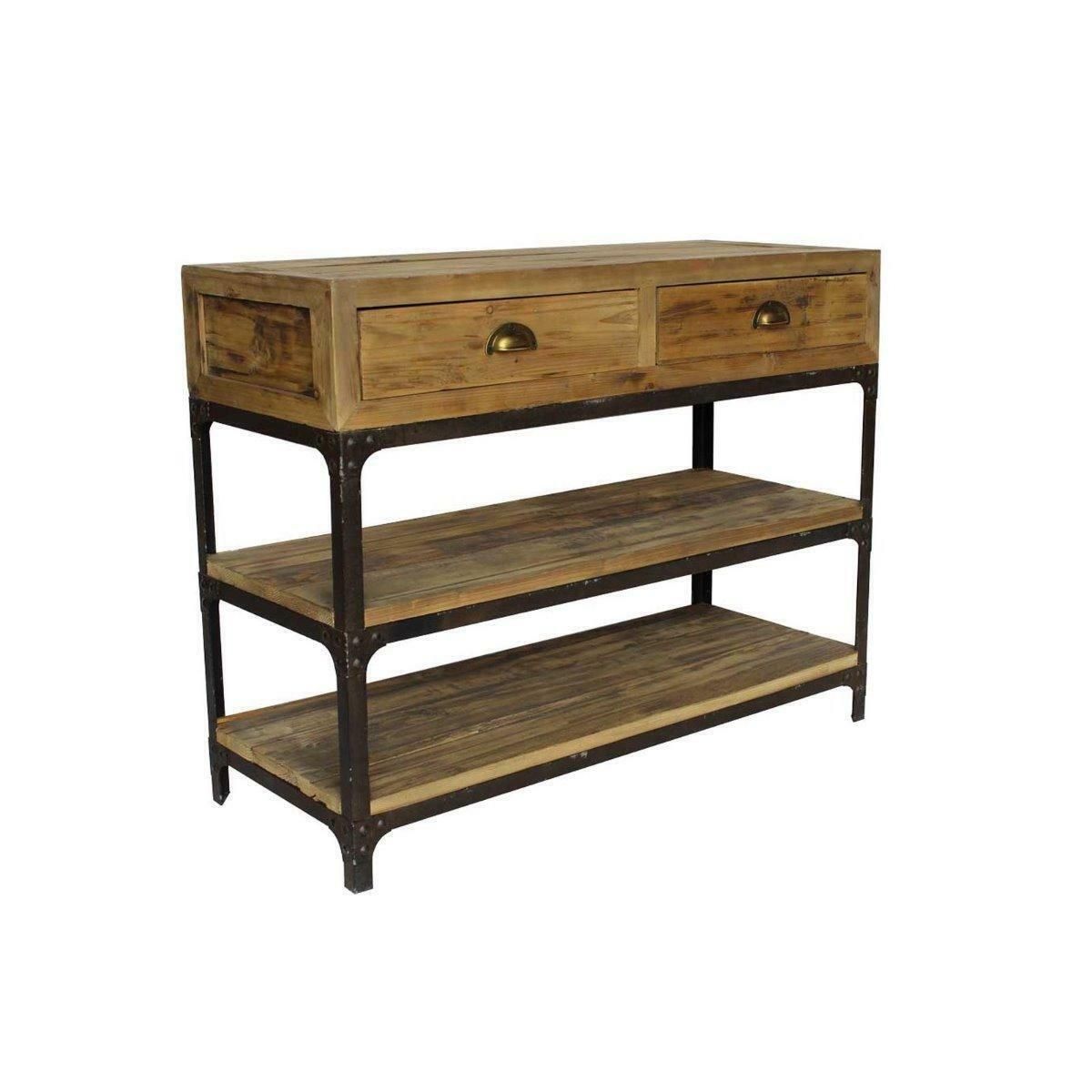 Console en bois avec deux tiroirs et deux étagères inférieures, soutenue par une structure en métal noir.