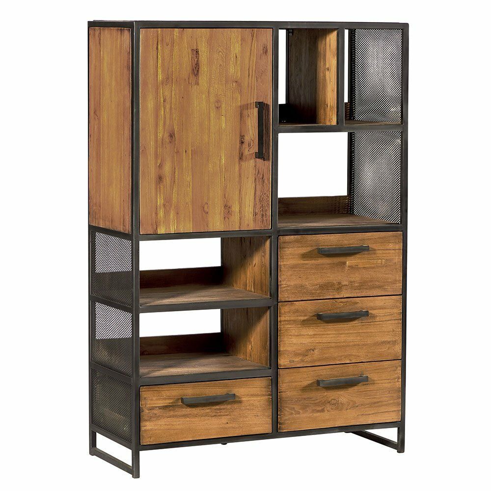 Armoire de rangement en bois et métal avec tiroirs, étagères et porte.