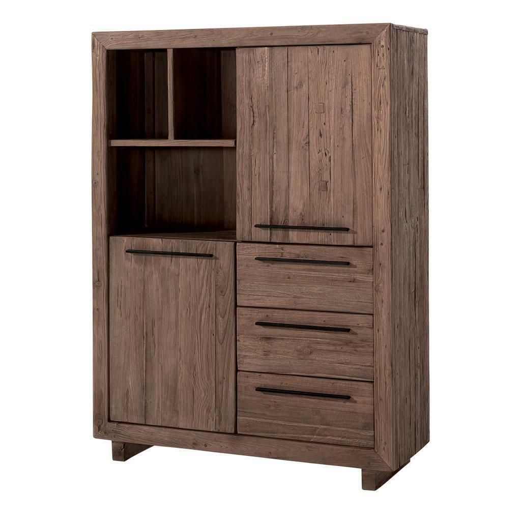 Armoire en bois avec étagères ouvertes, porte fermée et tiroirs ; bois brun.
