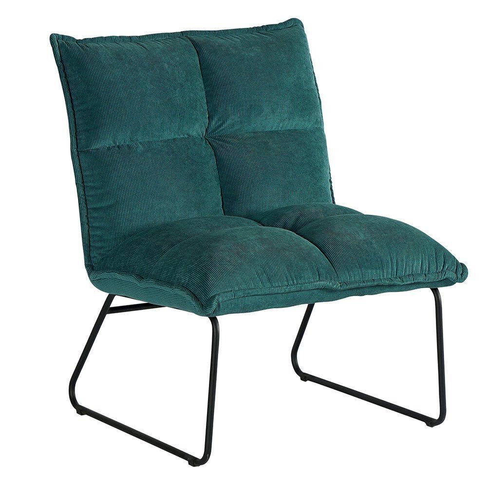 Une chaise verte avec des pieds noirs sur fond blanc.