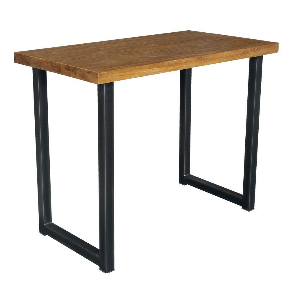 Bureau en bois avec plateau marron et pieds en métal noir.