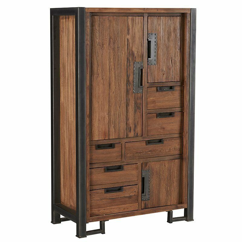 Armoire en bois avec cadre et quincaillerie en métal foncé ; plusieurs tiroirs et portes.