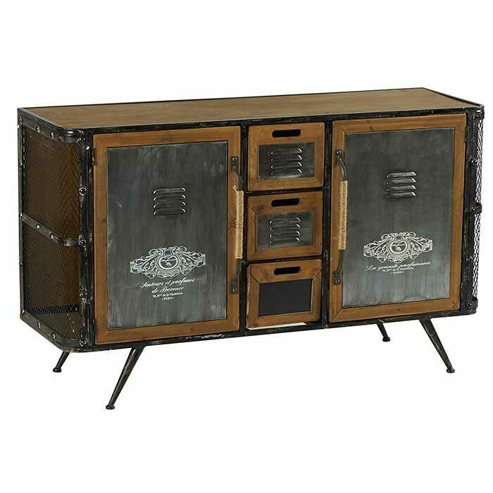 Buffet de style industriel en bois et métal, avec portes, tiroirs et côtés en maille, reposant sur des pieds noirs inclinés.