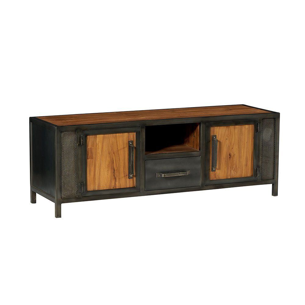 Meuble TV de style industriel avec portes et plateau en bois, cadre noir et tiroir.