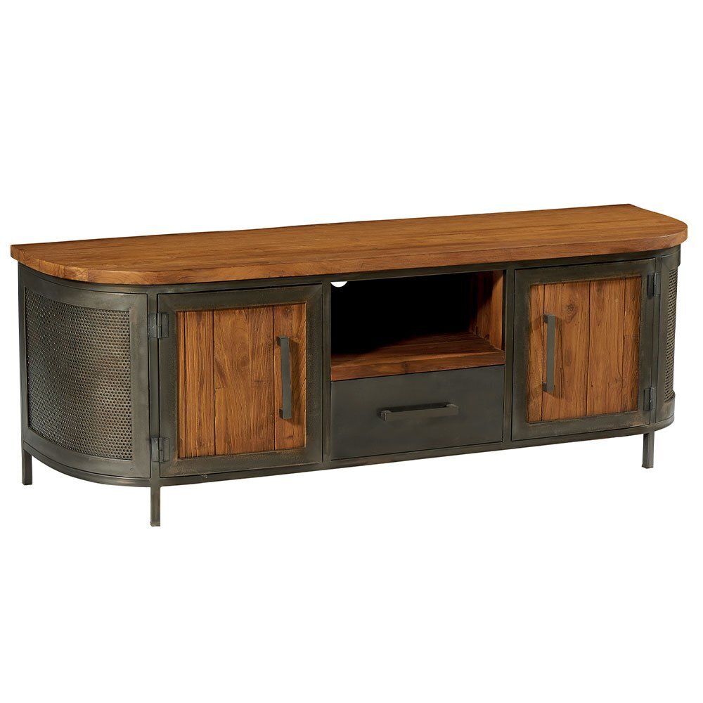 Meuble TV de style industriel en bois et métal, avec portes d'armoire et tiroir.