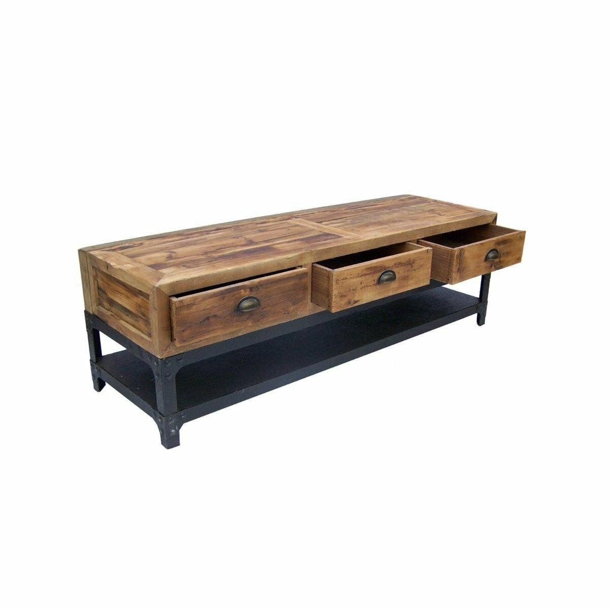 Meuble TV en bois avec trois tiroirs ouverts, monté sur une structure en métal noir.