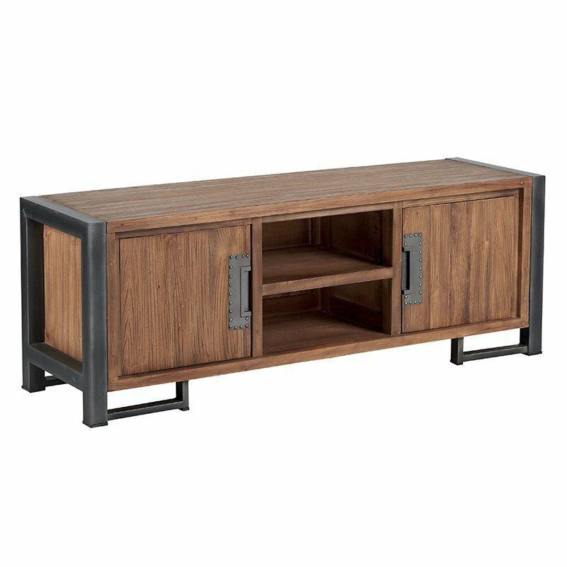 Meuble TV en bois marron avec des accents métalliques, deux portes et une étagère ouverte.
