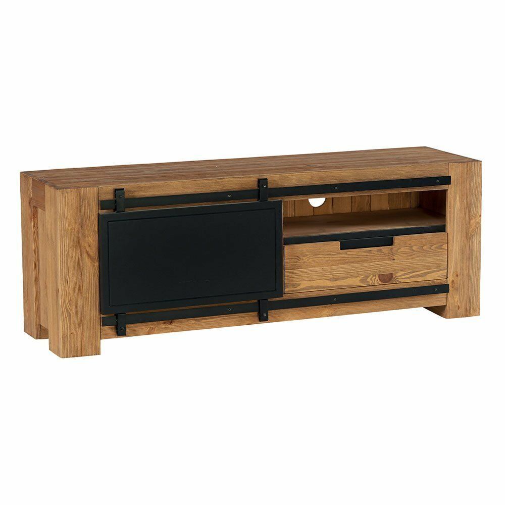Meuble TV en bois avec porte coulissante et tiroir noirs.