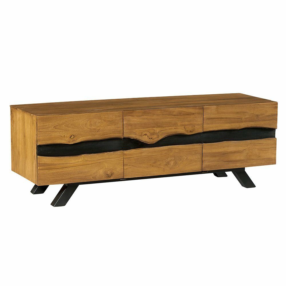 Meuble TV en bois avec trois tiroirs et détails noirs, sur pieds noirs.