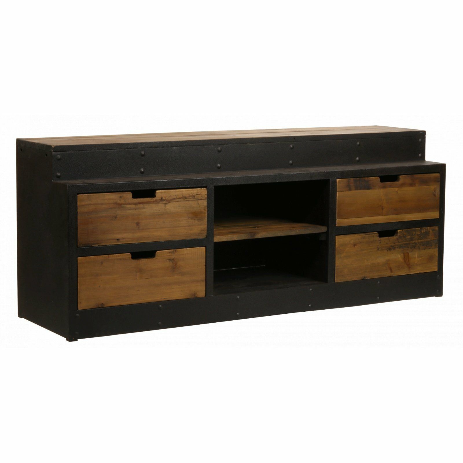 Meuble TV noir et bois avec tiroirs et étagères ouvertes. Style industriel.