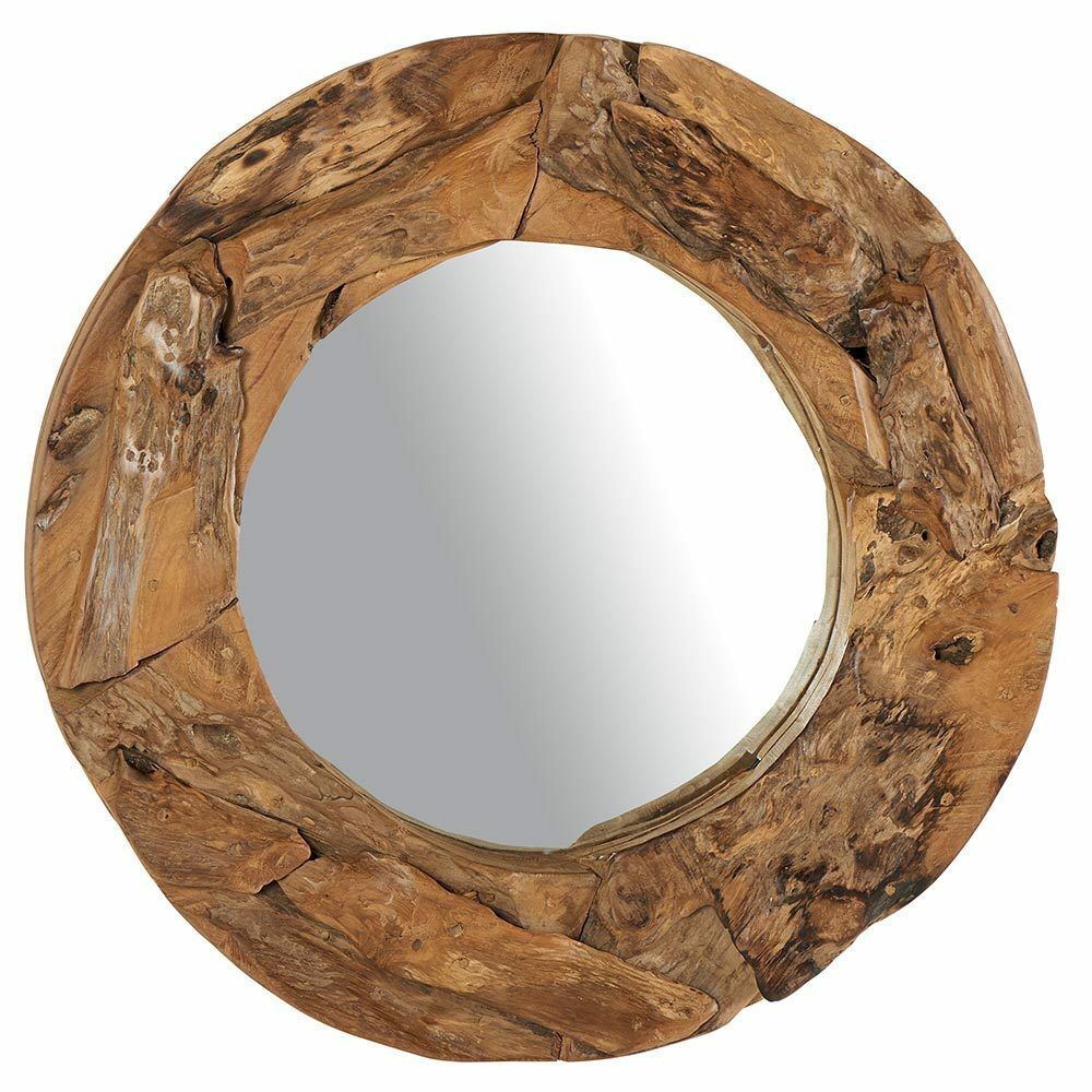 Miroir rond avec un cadre en bois naturel vieilli.