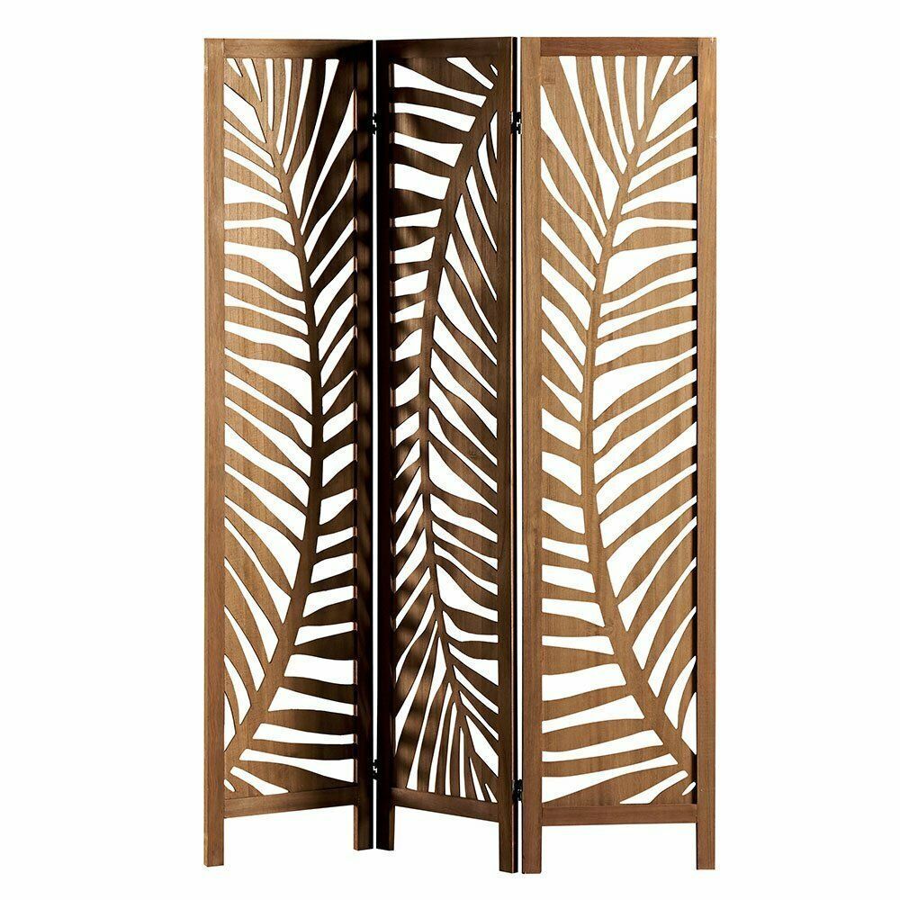 Paravent en bois à trois panneaux avec découpes en forme de feuilles, marron.