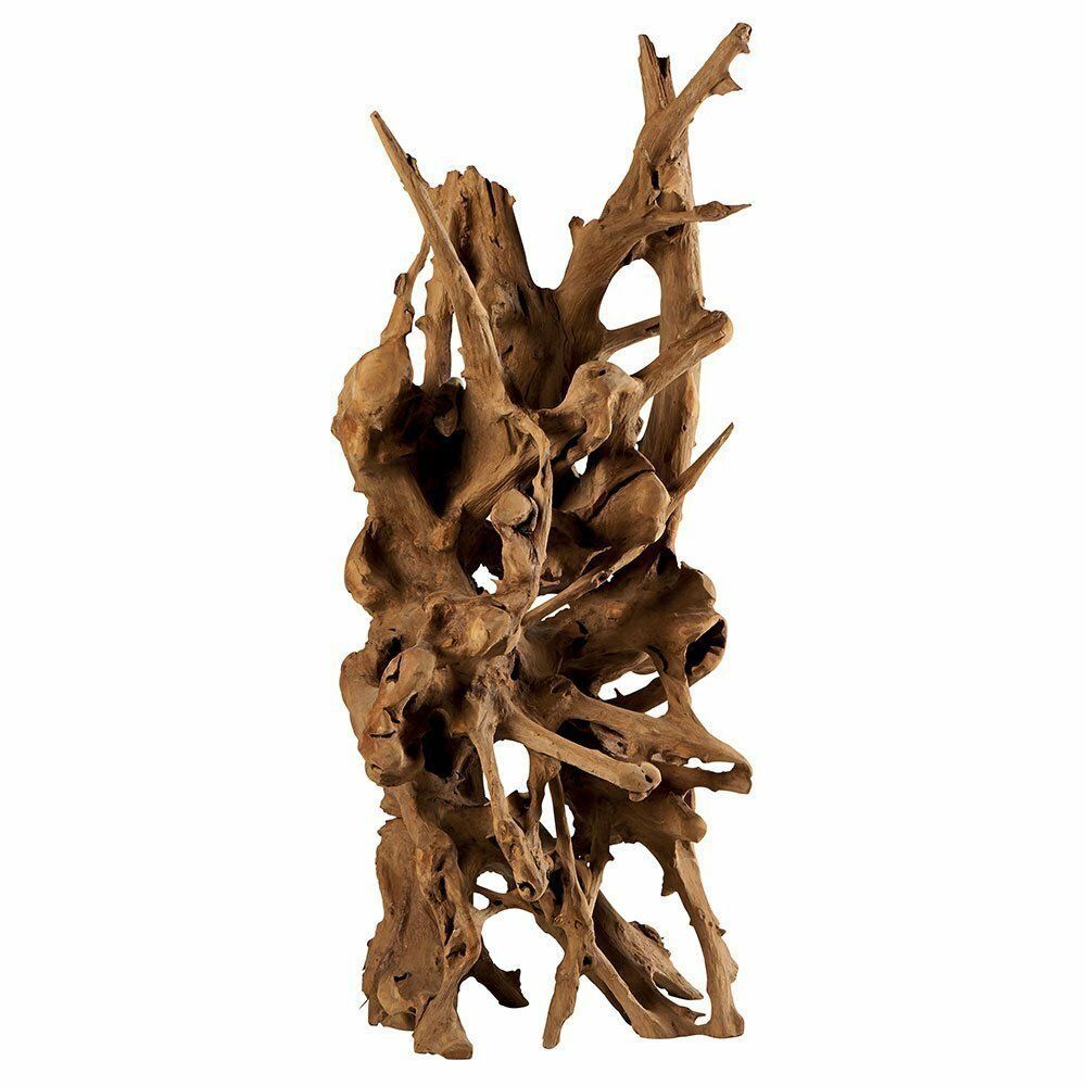 Sculpture en bois flotté brun, présentant des sections creuses complexes et une surface texturée.