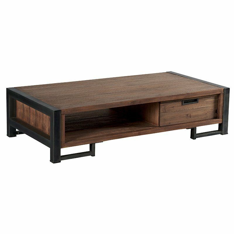 Table basse en bois foncé avec structure et tiroir en métal noir.