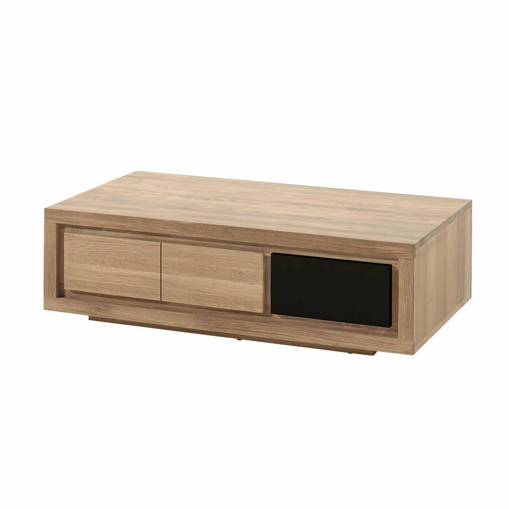 Table basse rectangulaire en bois avec deux tiroirs et un espace ouvert noir.