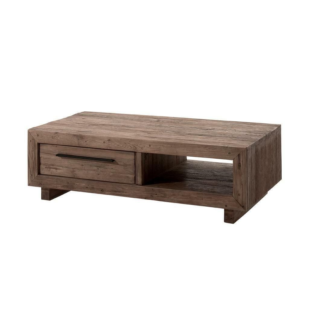 Table basse rustique en bois avec tiroir et étagère inférieure.
