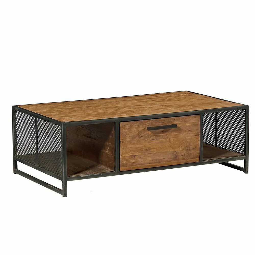Table basse en bois et métal avec tiroir et côtés en maille.
