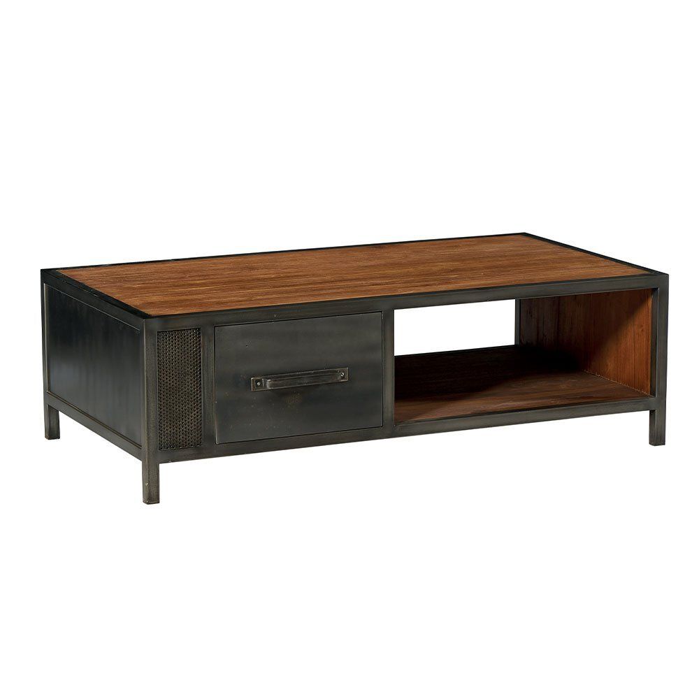 Table basse de style industriel avec plateau en bois, structure en métal, tiroir et étagère ouverte.