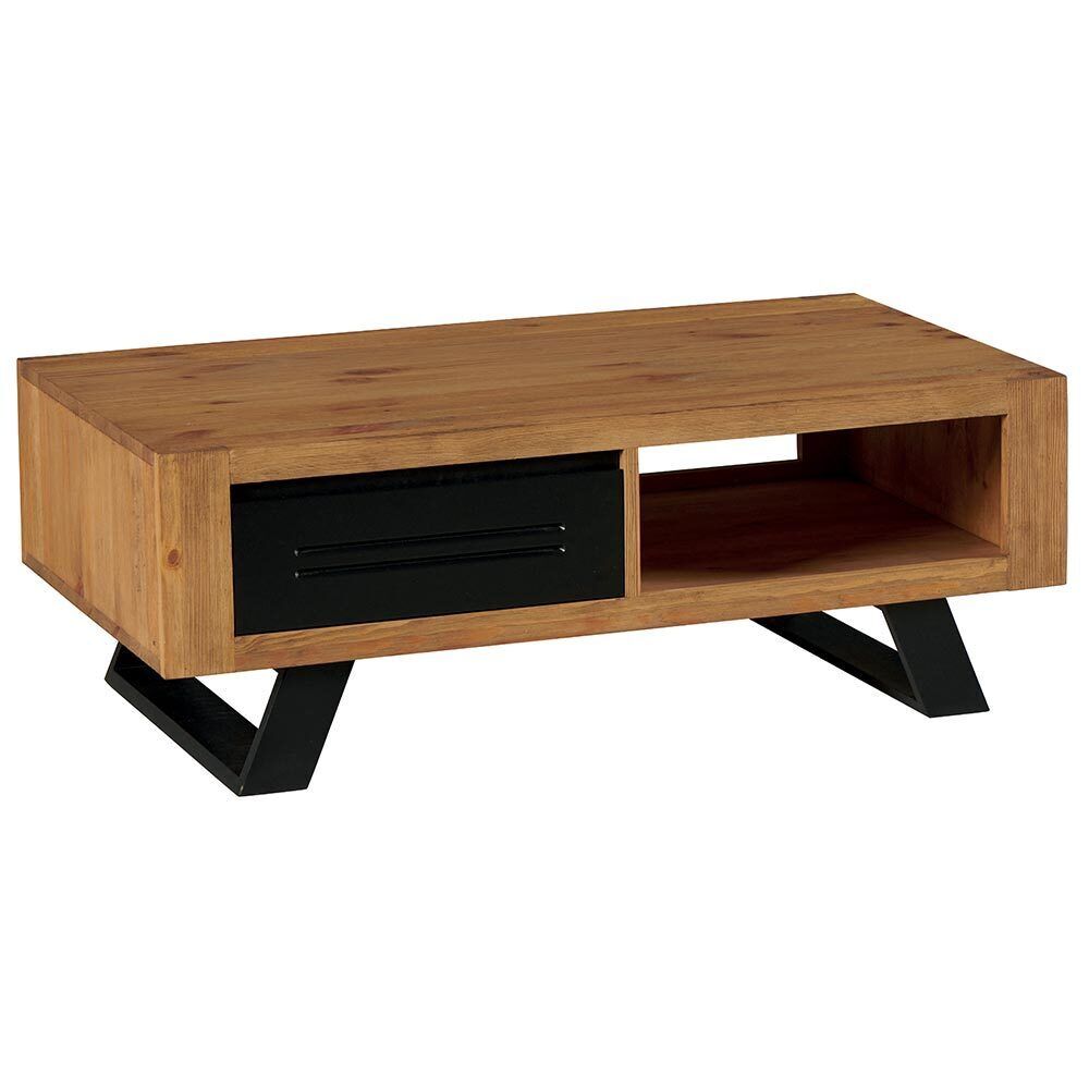 Table basse en bois avec tiroir et étagère noirs, pieds noirs.