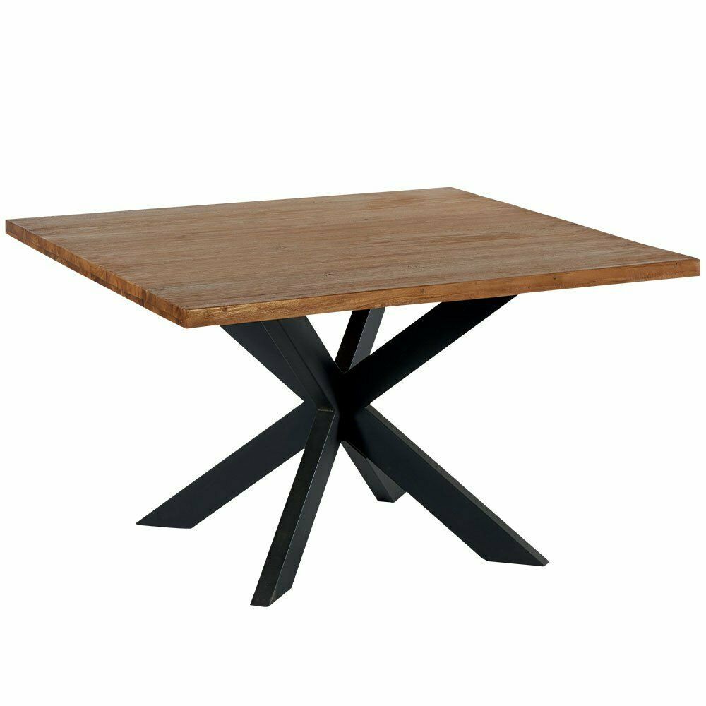 Table carrée en bois avec plateau marron et piètement en métal noir en forme d'étoile.
