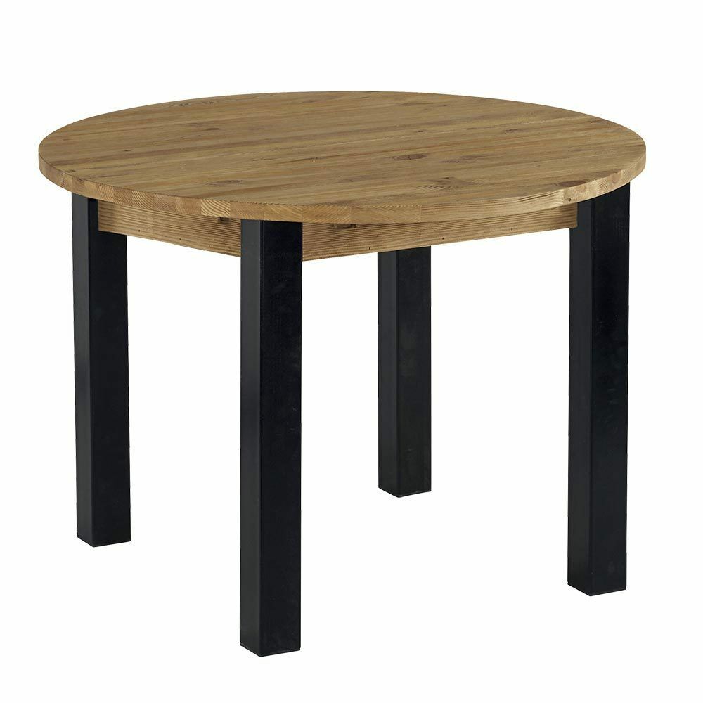 Table ronde en bois avec des pieds carrés noirs.