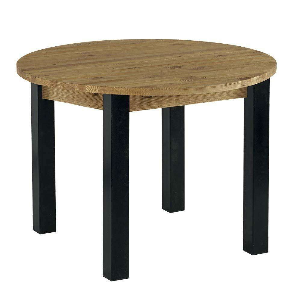 Table ronde en bois avec plateau brun clair et pieds carrés noirs.