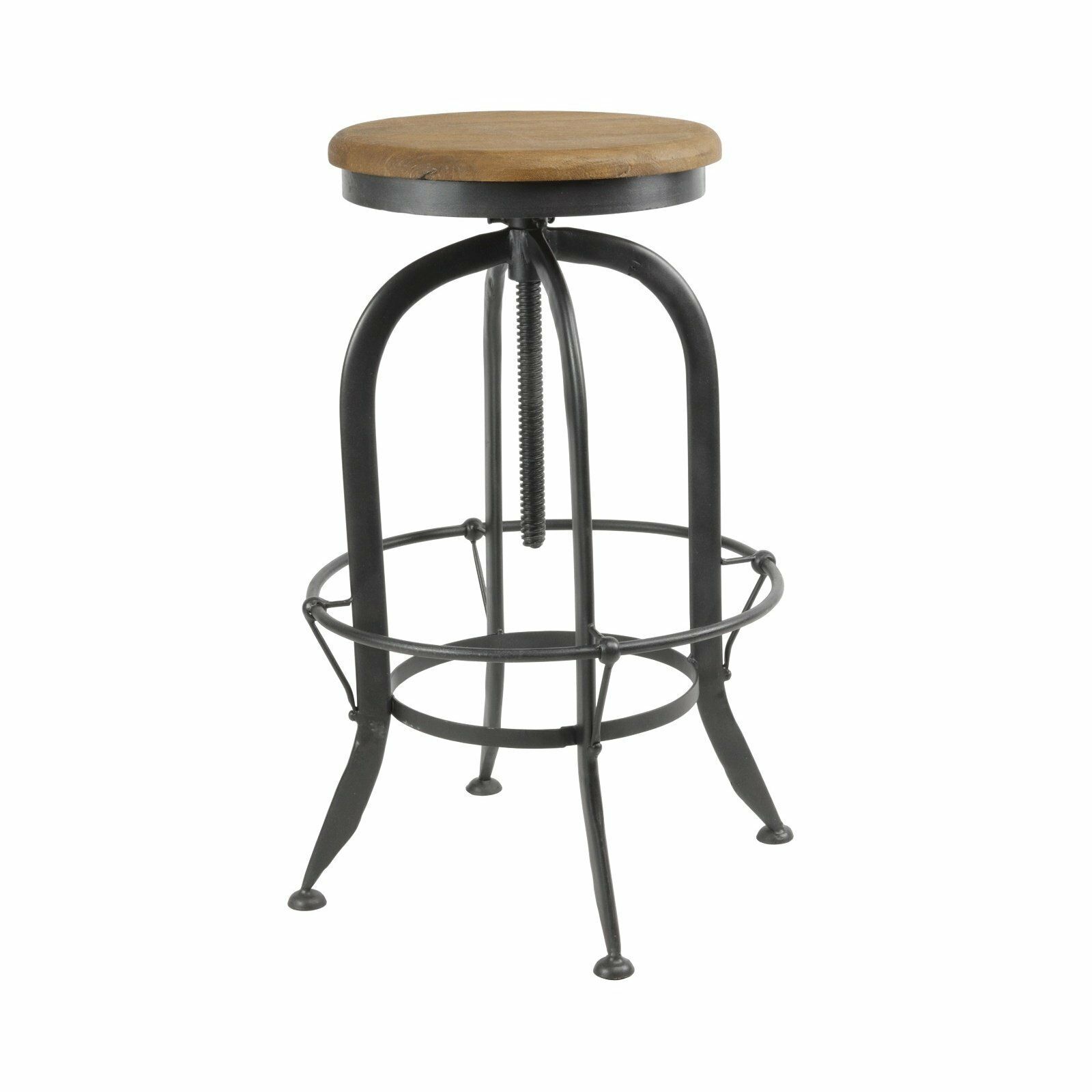 Tabouret de bar de style industriel. Structure en métal noir, assise circulaire en bois et repose-pieds.