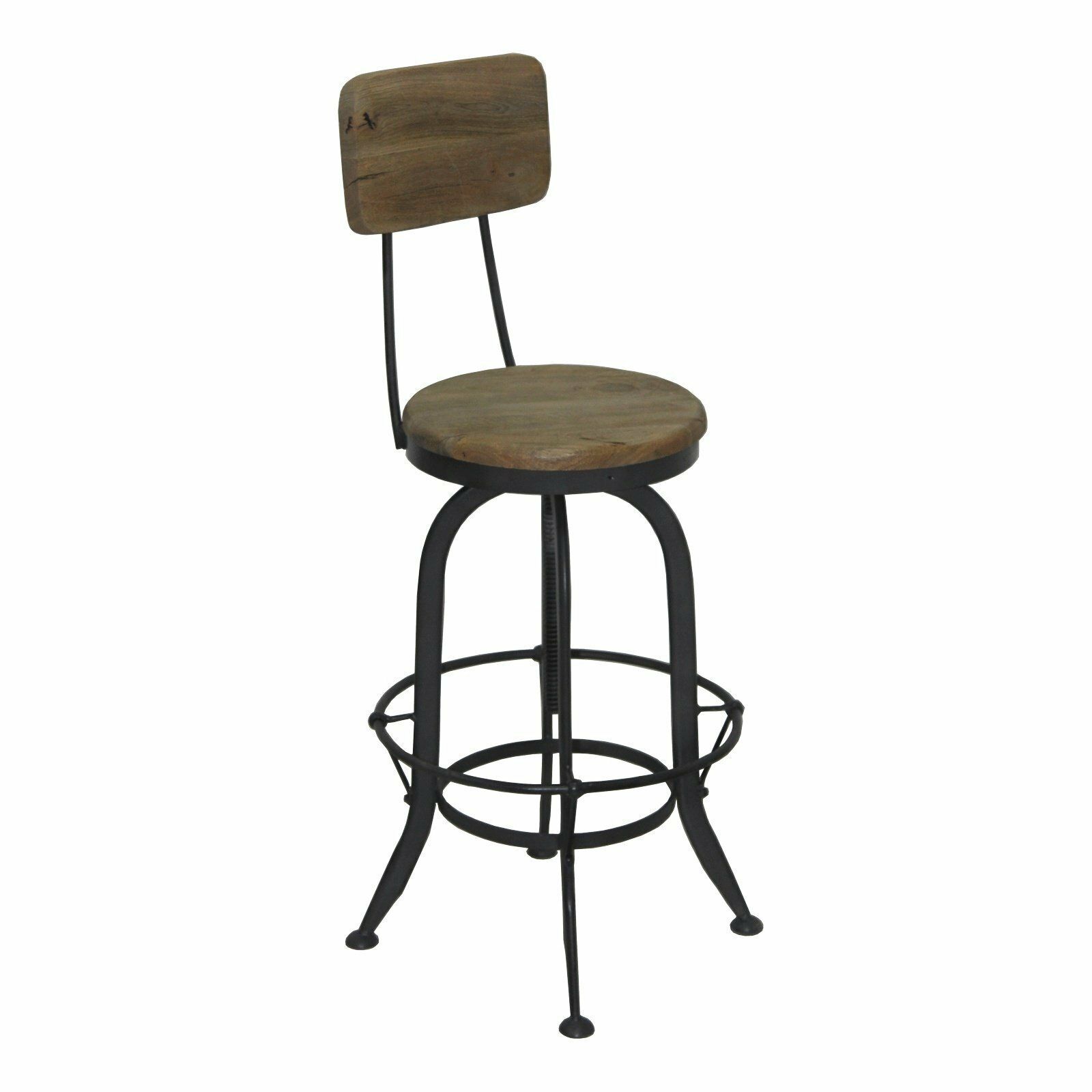 Tabouret de bar avec assise et dossier en bois, structure en métal et repose-pieds.