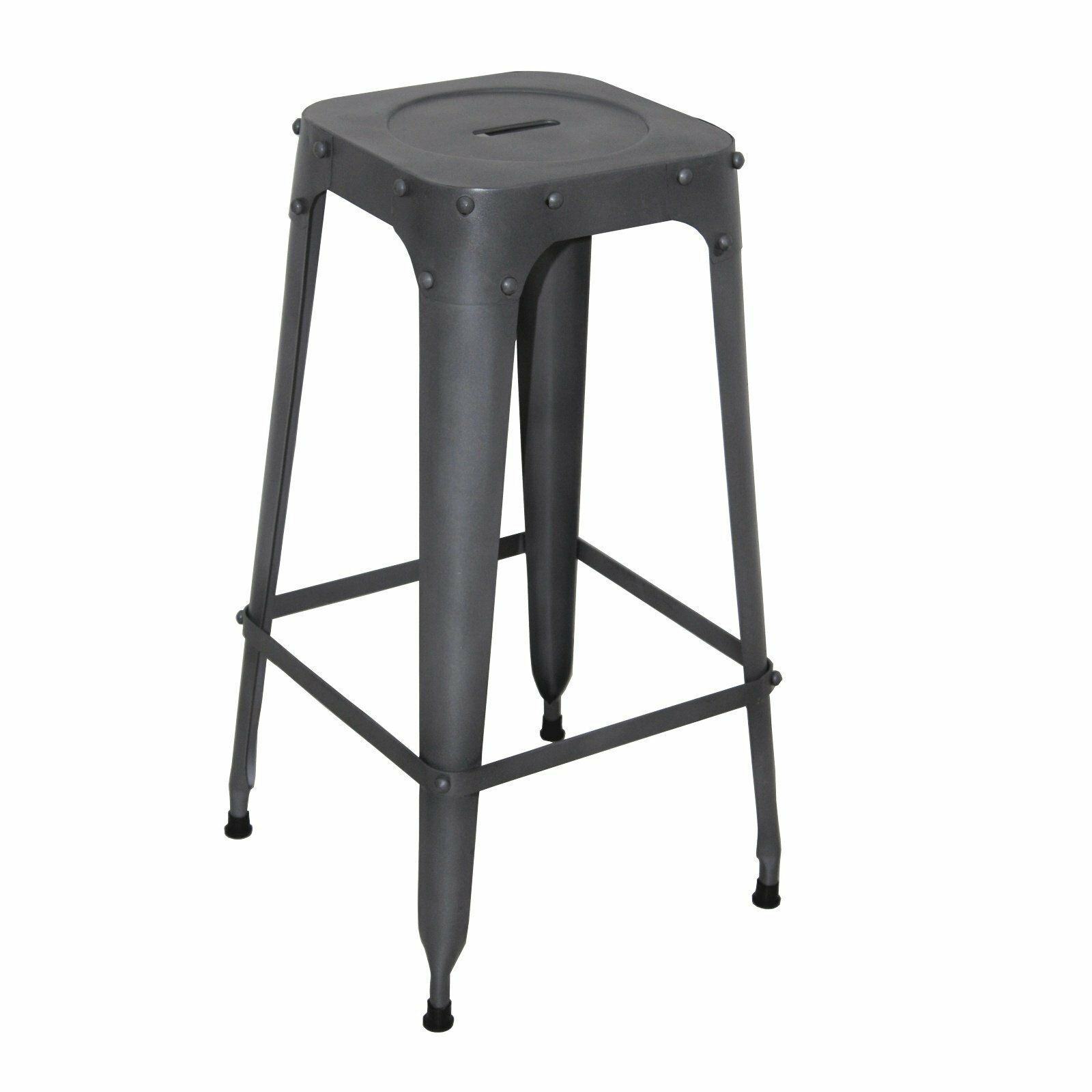 Un tabouret de bar gris avec un plateau carré sur fond blanc
