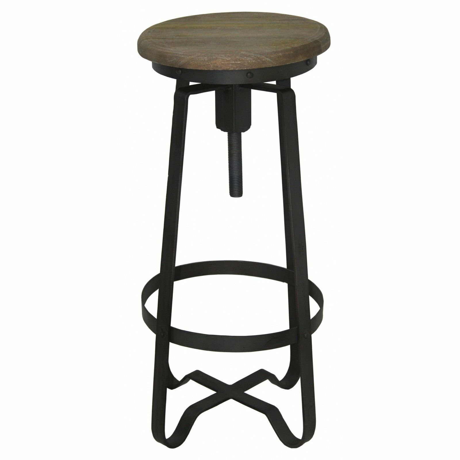 Tabouret haut réglable en hauteur avec assise en bois et structure en métal noir.