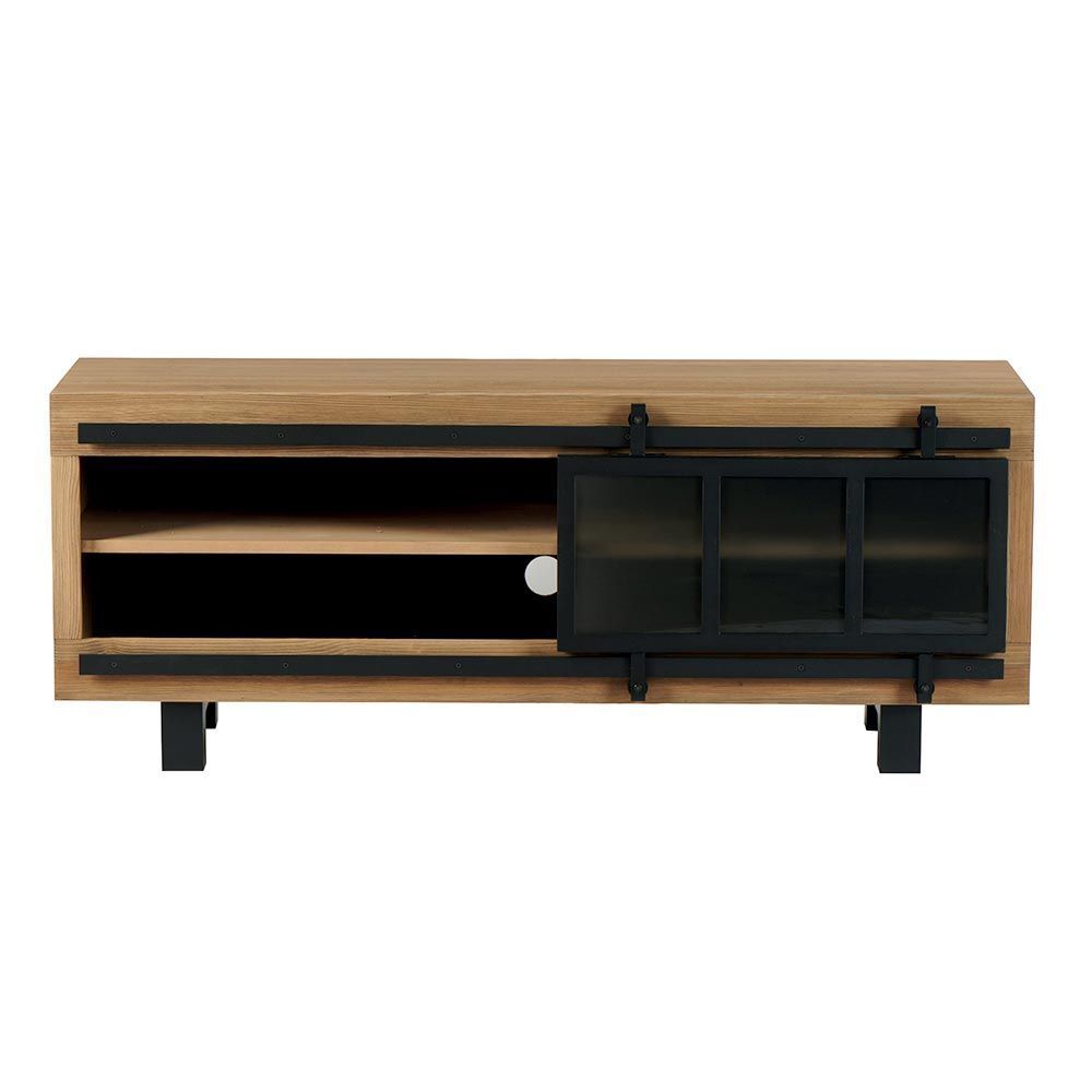 Meuble TV en bois avec détails noirs, porte vitrée.