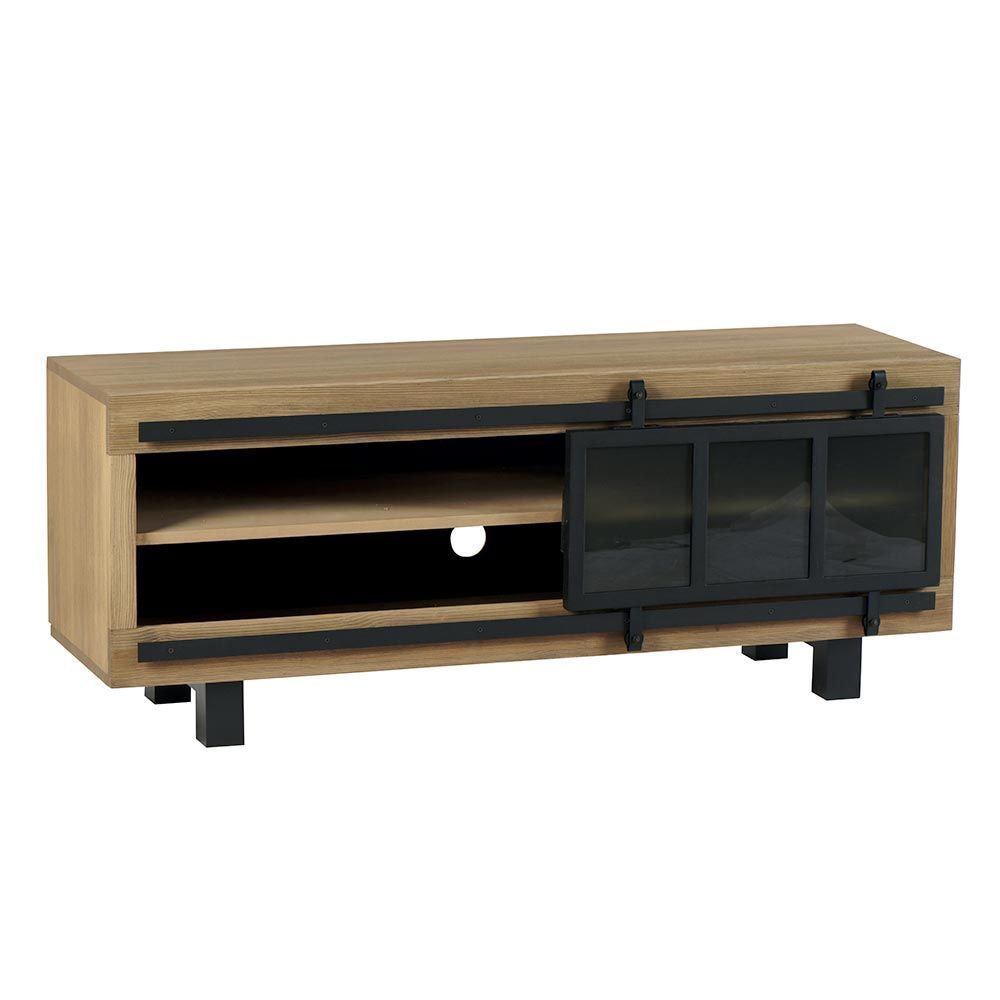 Meuble TV en bois avec détails noirs, porte vitrée.
