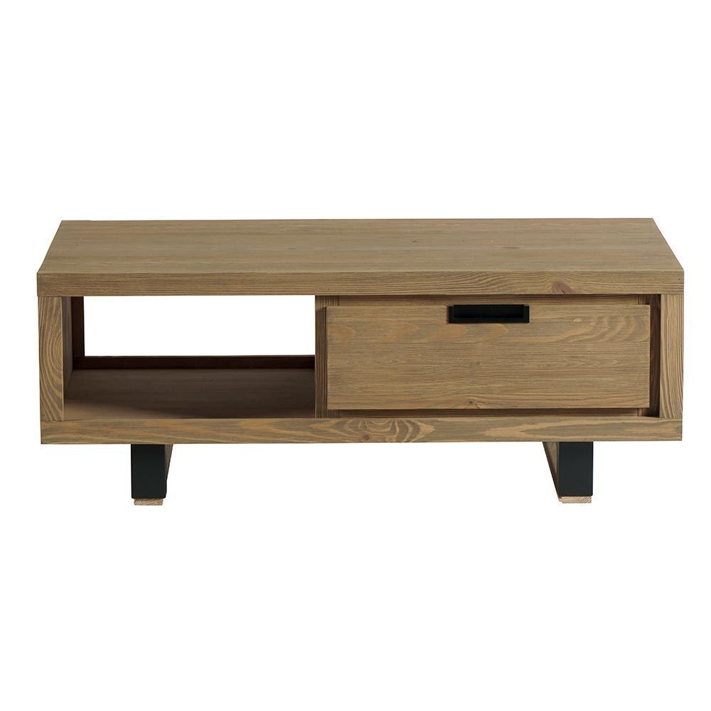 Table basse en bois avec tiroir et étagère ouverte, sur pieds noirs.