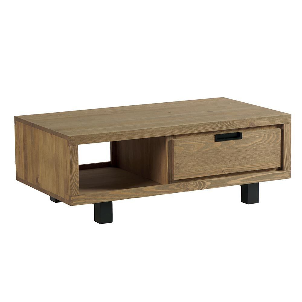 Table basse en bois avec tiroir et étagère ouverte, sur pieds noirs.